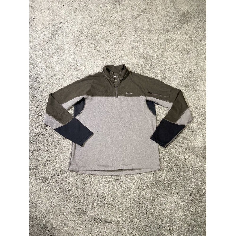 Simms Sweater Mens Medium Gray Green 1/4 Zip Pullover Long Sleeve Fishing Pocket